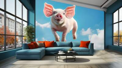 Animal creative concept on pastel blue sky with clouds background. Small baby domestic animal, cute baby pink pig flying, little piggy.  Wall mural